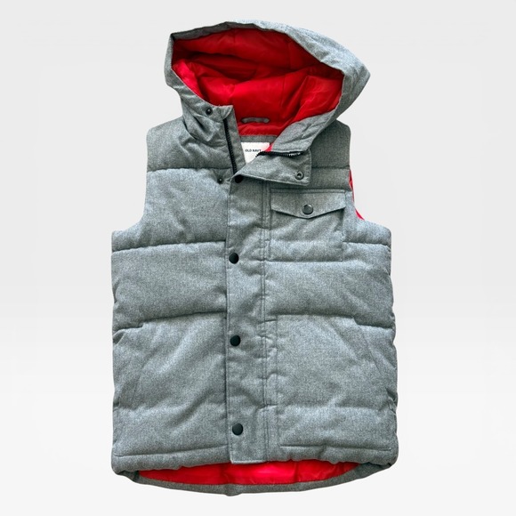 Old Navy Other - Old Navy Kids Grey Quilted Hooded Puffer Vest Red Lining Size L 10-12